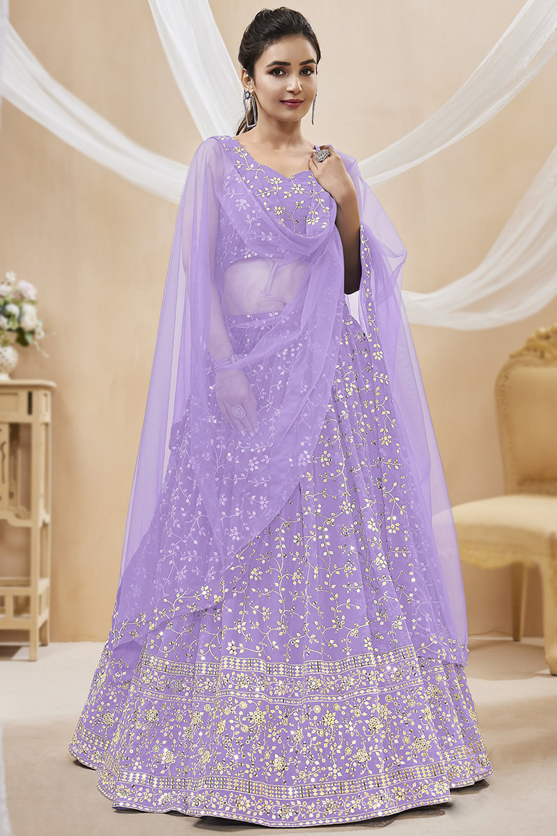 Light Purple Embroidered Flared Style Georgette Lehenga 