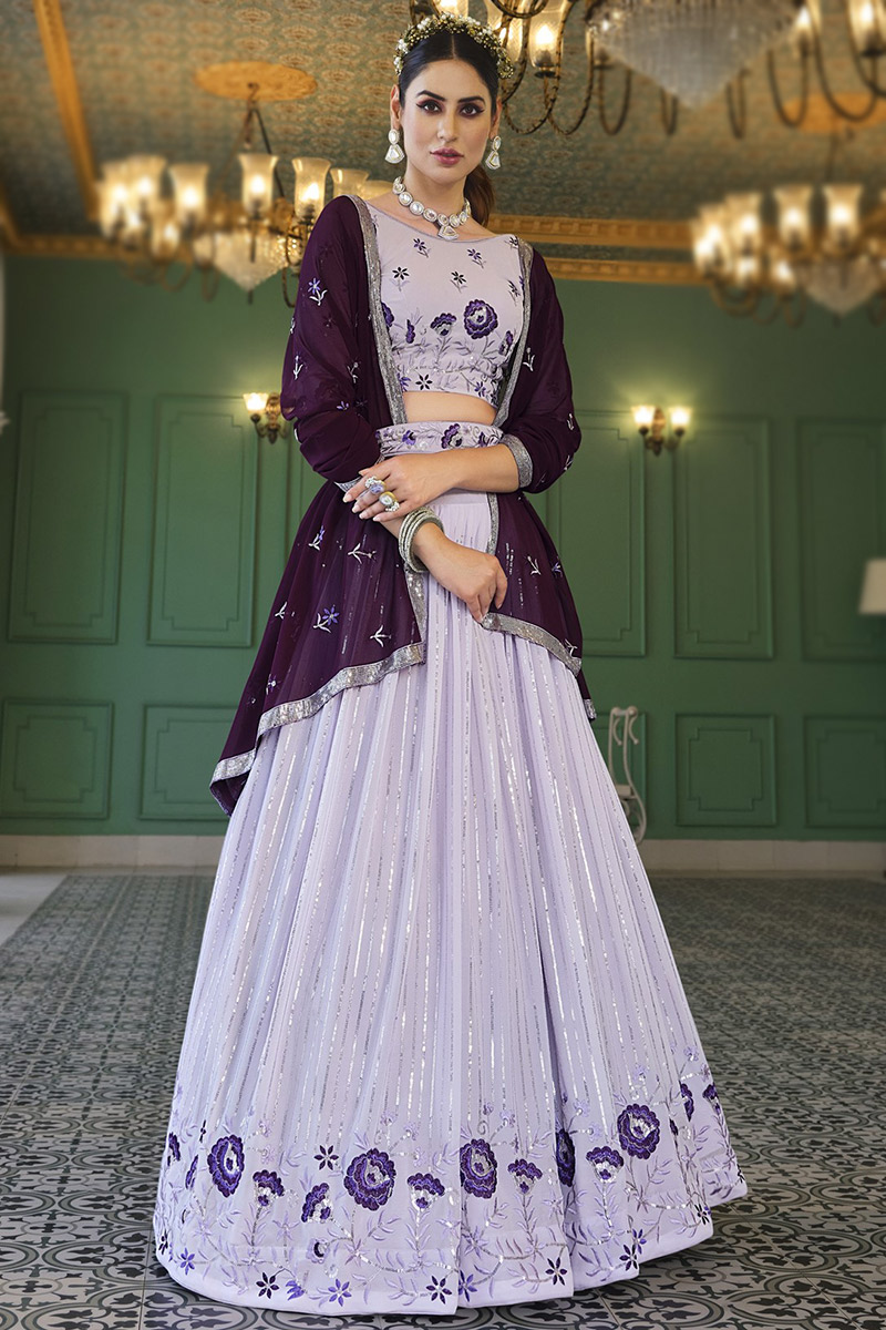 Sequins Work Light Purple Lehenga in Georgette for Wedding 
