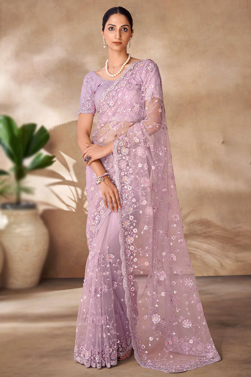 Embroidered Light Purple Net Saree with Stone and Cut Dana