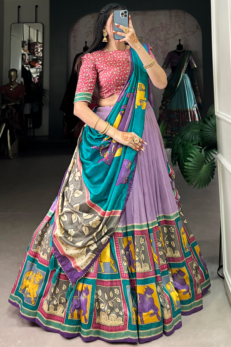 Light Purple Silk Blend Lehenga With Printed Work For Diwali