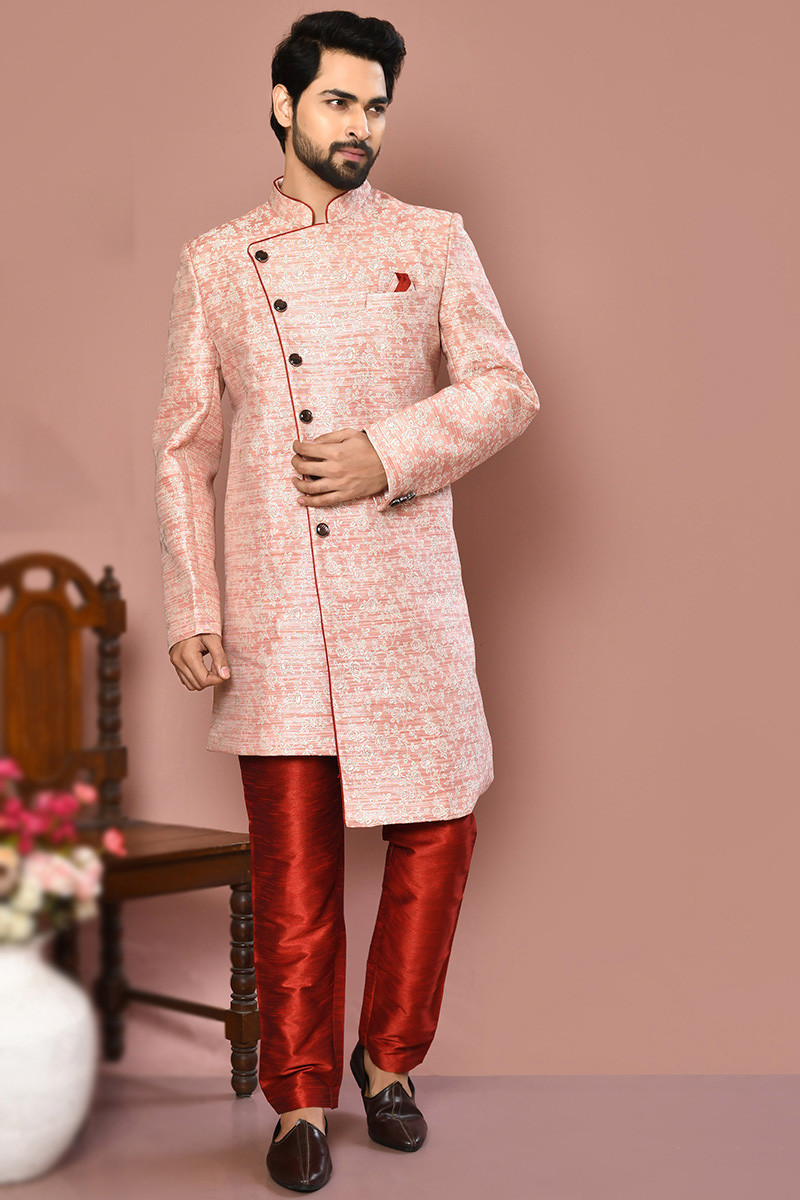Light Red Banarasi Silk Woven Zari Men Sherwani