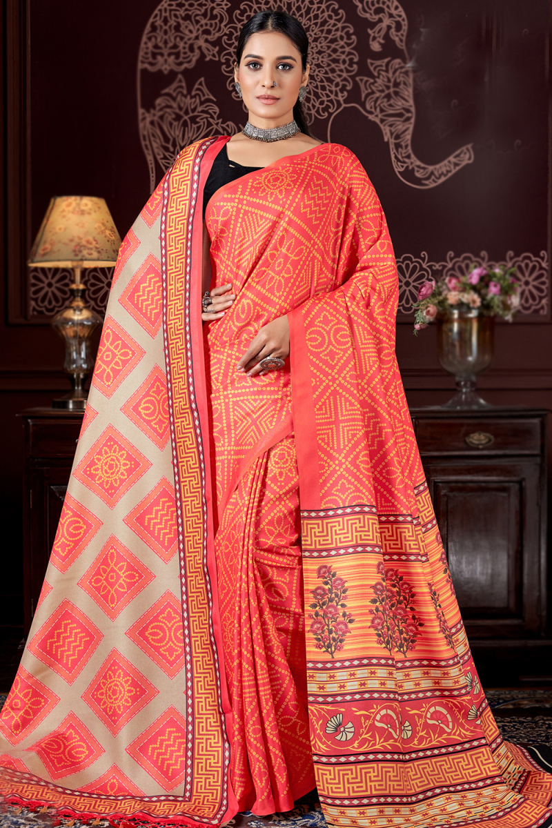 Light Red Pashmina Printed Casual Wear Saree