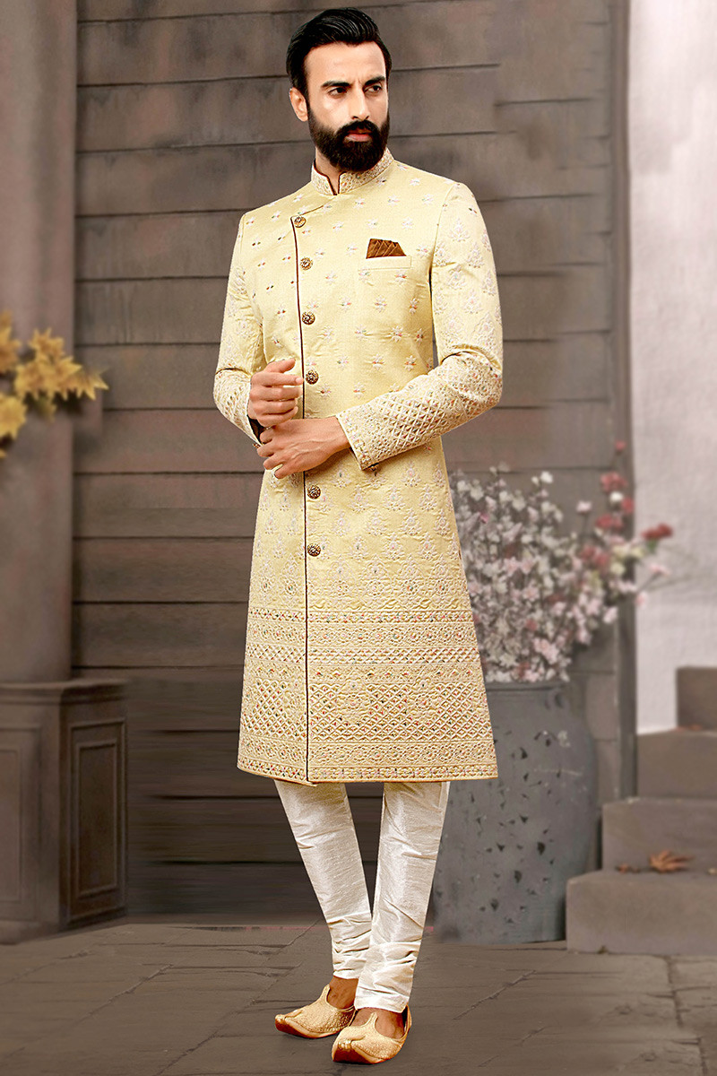Light Yellow Men Sherwani with Resham Work MSTV02640