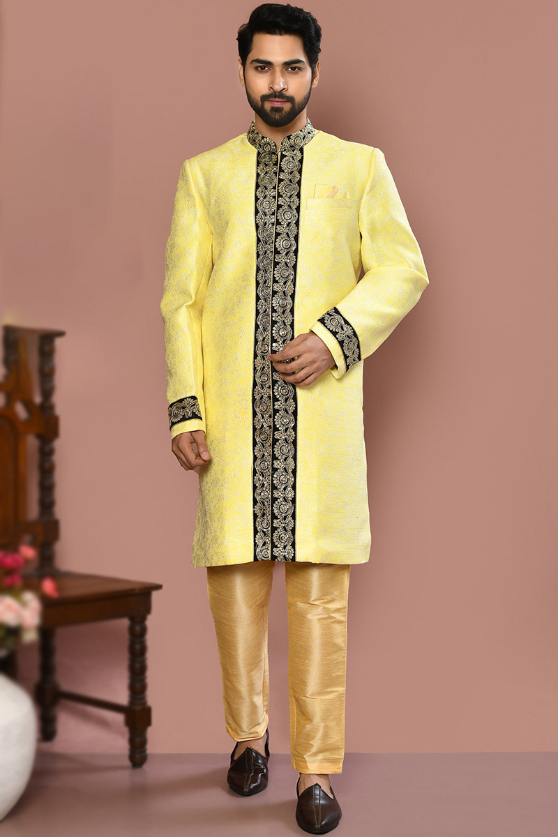 Light Yellow Banarasi Silk Woven Zari Men Sherwani