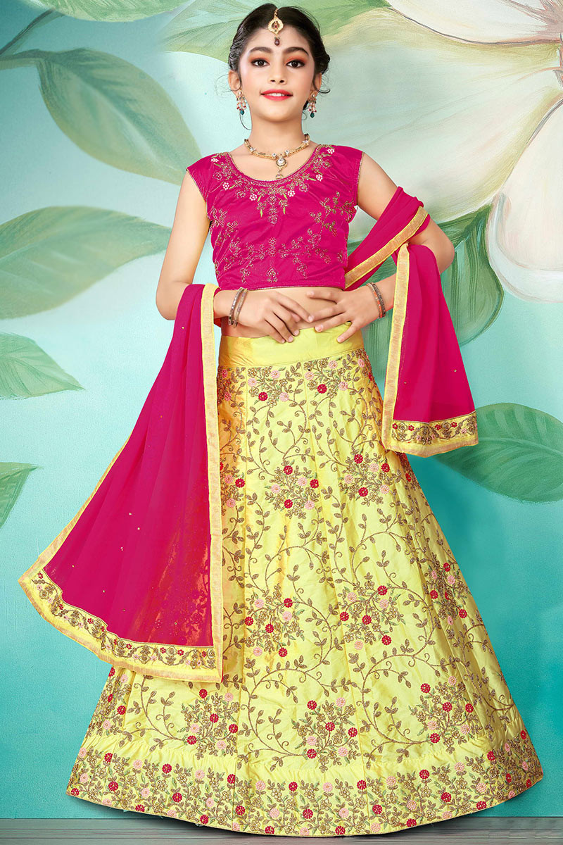 Light Yellow Dori Embroidered Taffeta Silk Girl s Lehenga LLCV117207
