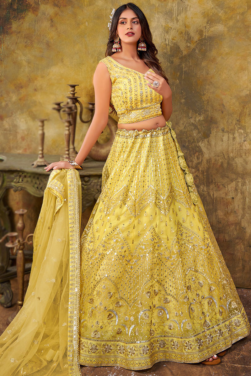 Light Yellow Embroidered Net A Line Lehenga