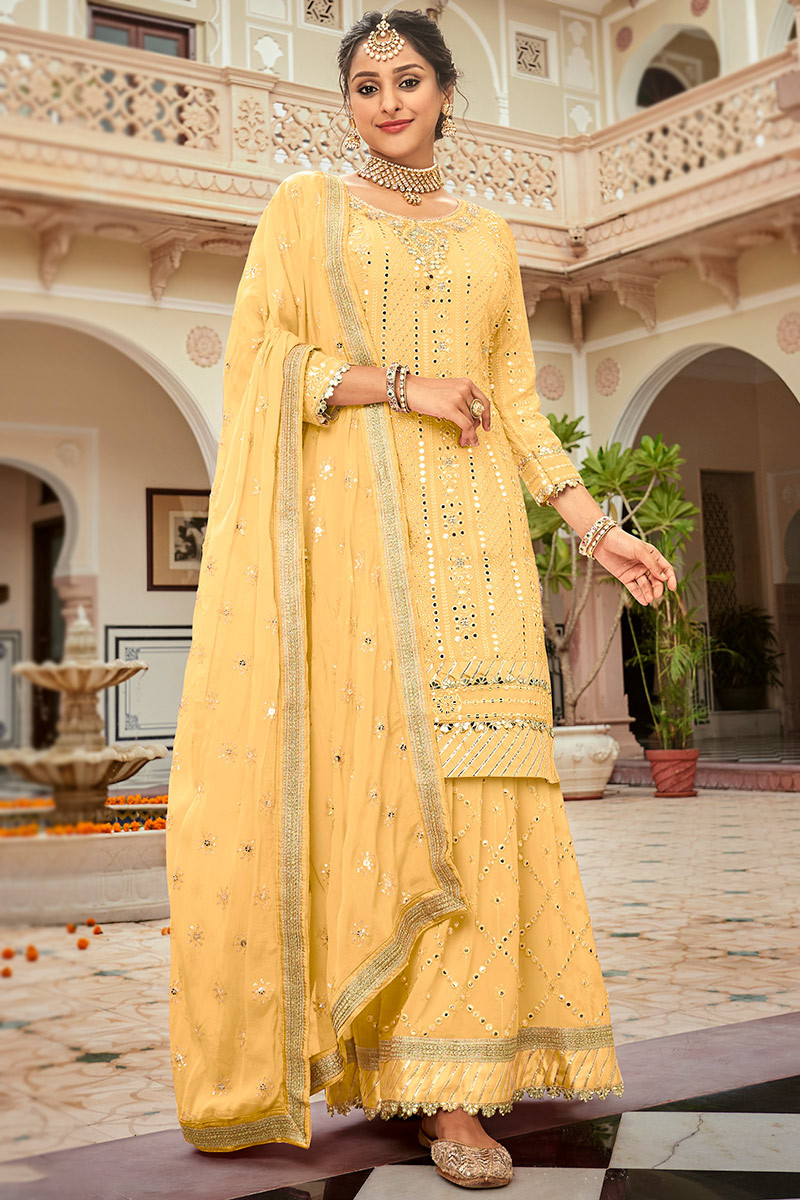 Yellow Printed Work Cotton Sharara Suit – Maharani