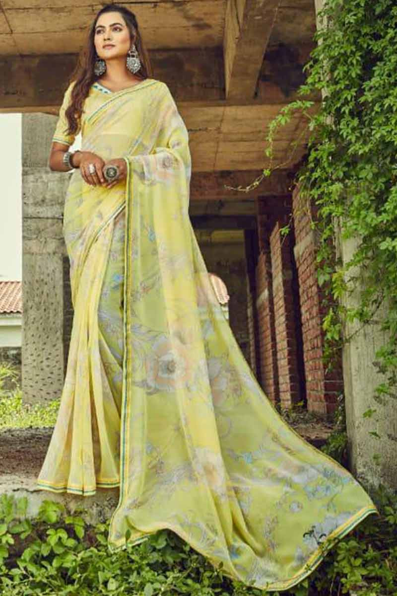 Light yellow casual wear georgette saree 2025