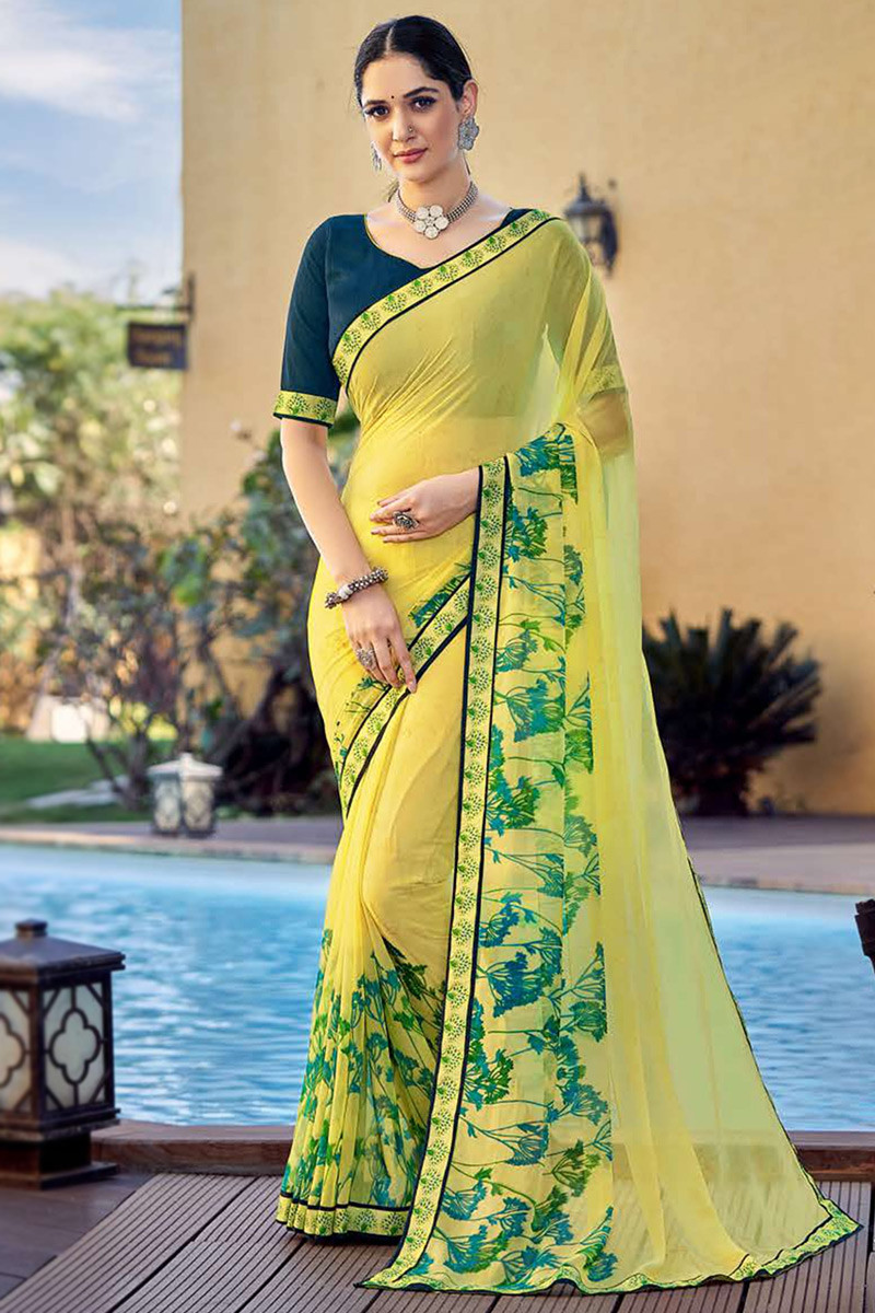 Light yellow casual wear georgette saree 2025
