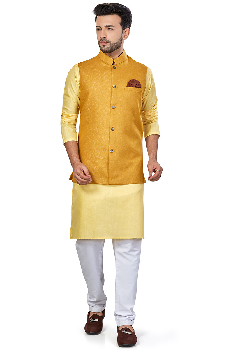 Light Yellow Linen Plain Men Kurta With Churidar
