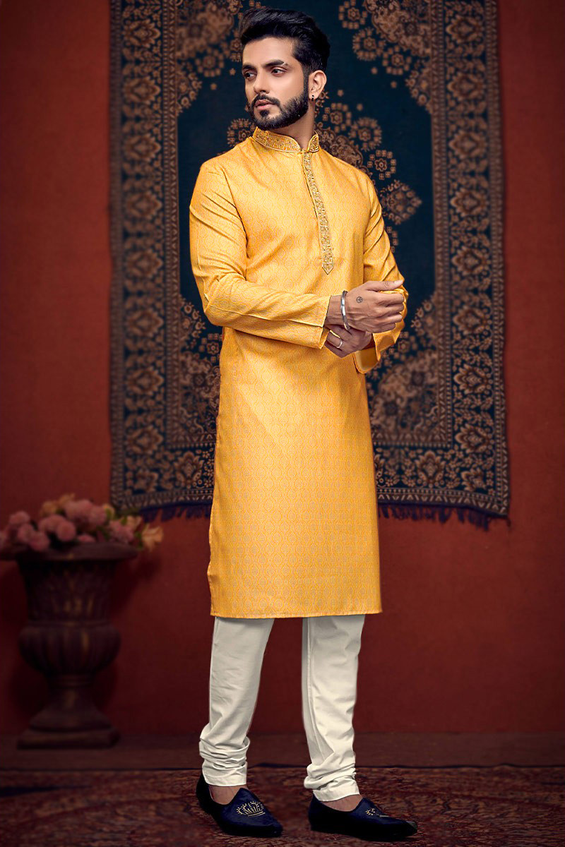 Light Yellow Poly Silk Churidar Men Kurta Pajama