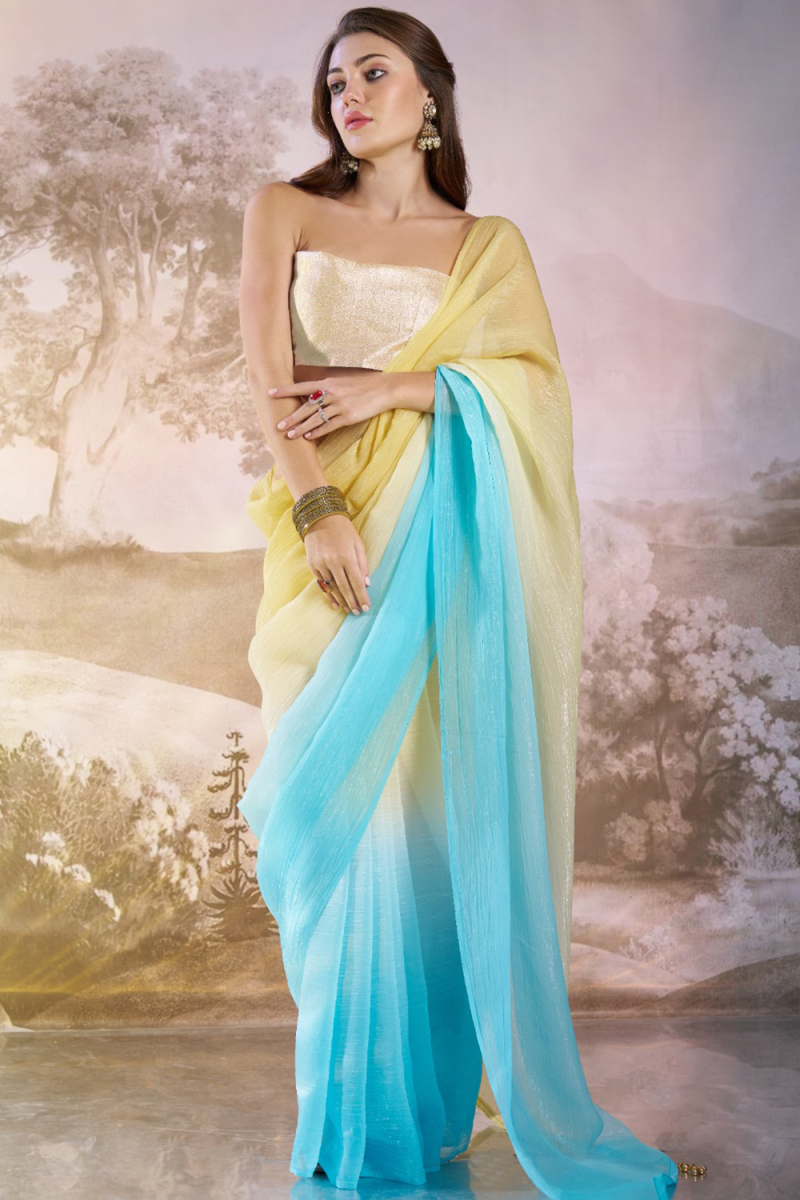 Light Yellow Tissue Printed Shimmer Saree 