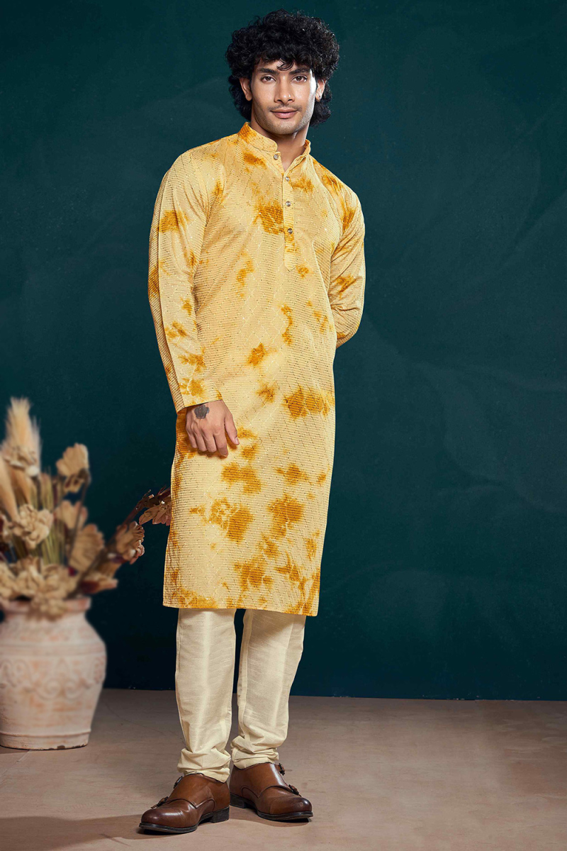 Light Yellow Viscose Embroidered Straight Cut Men's Kurta Pajama 