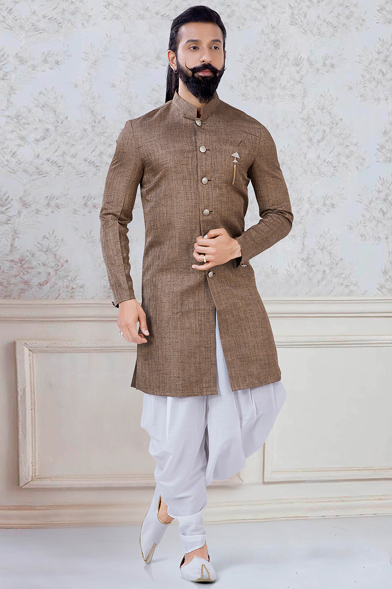 Linen Brown Men Sherwani With Dhoti
