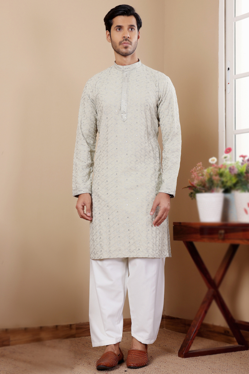 Linen Light Grey Resham Embroidered Straight Cut Men's Kurta Pajama