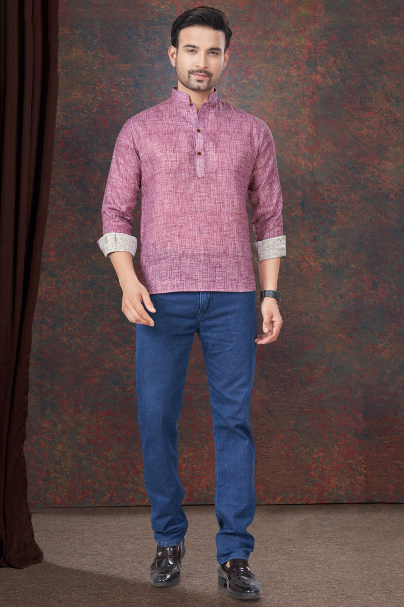Linen Printed Dark Mauve Waist Length Men's Short Kurta 
