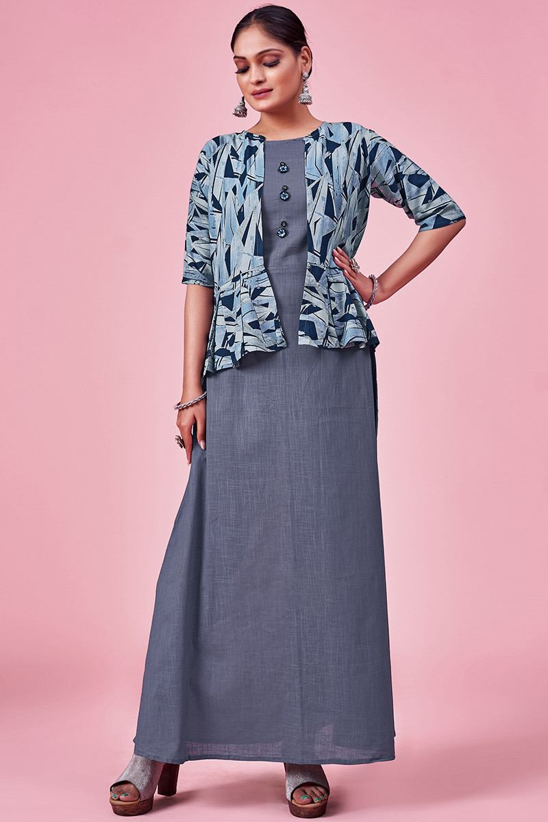 Linen Steel Grey Plain Jacket Style Kurti