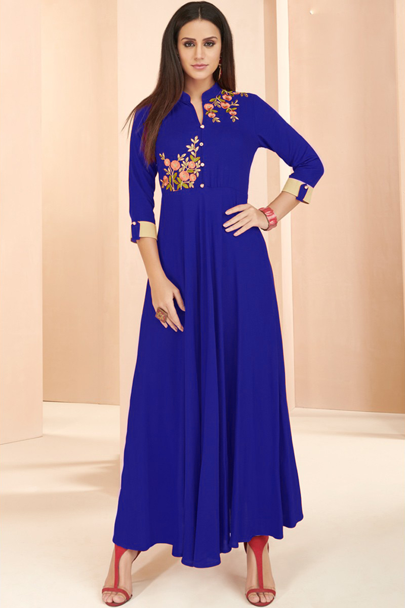 Blue Rayon Kurti With Resham Work
