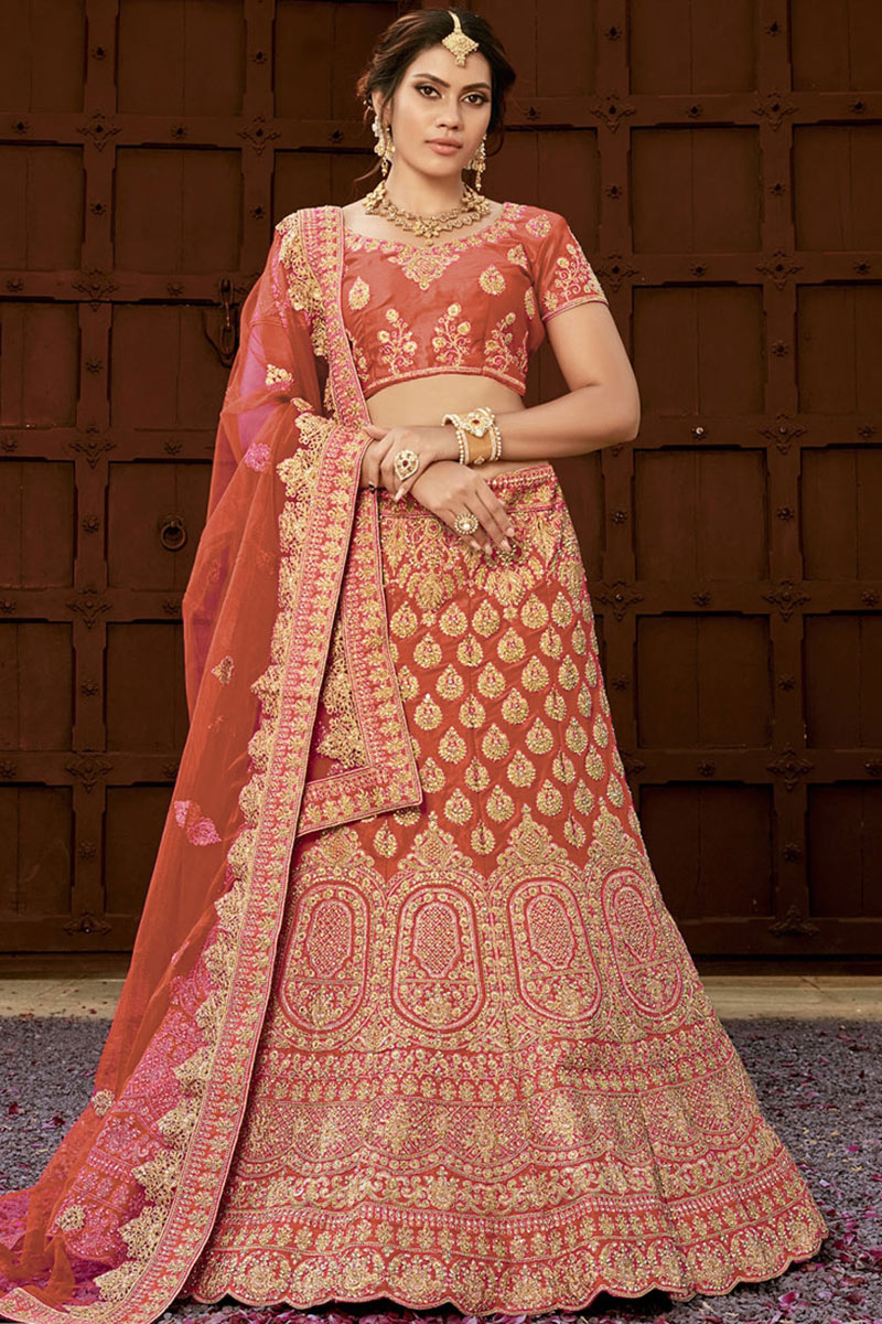 Salmon Orange Silk Lehenga with Silk Choli