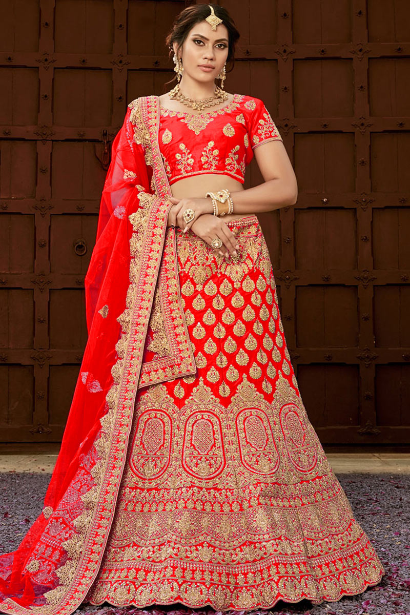 Red Silk Stone Embroidered Lehenga Choli With Net Dupatta