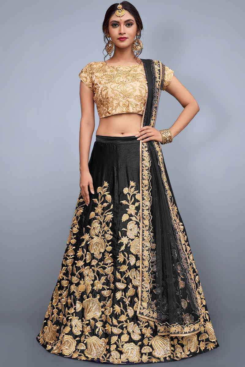 Dusty Black Silk Lehenga with Silk Choli and Net Dupatta