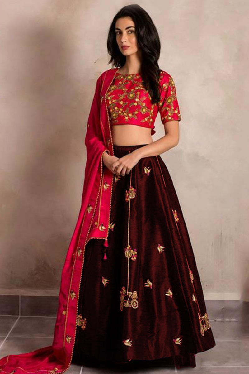 Dark Maroon Silk Lehenga With Banglori Silk Choli