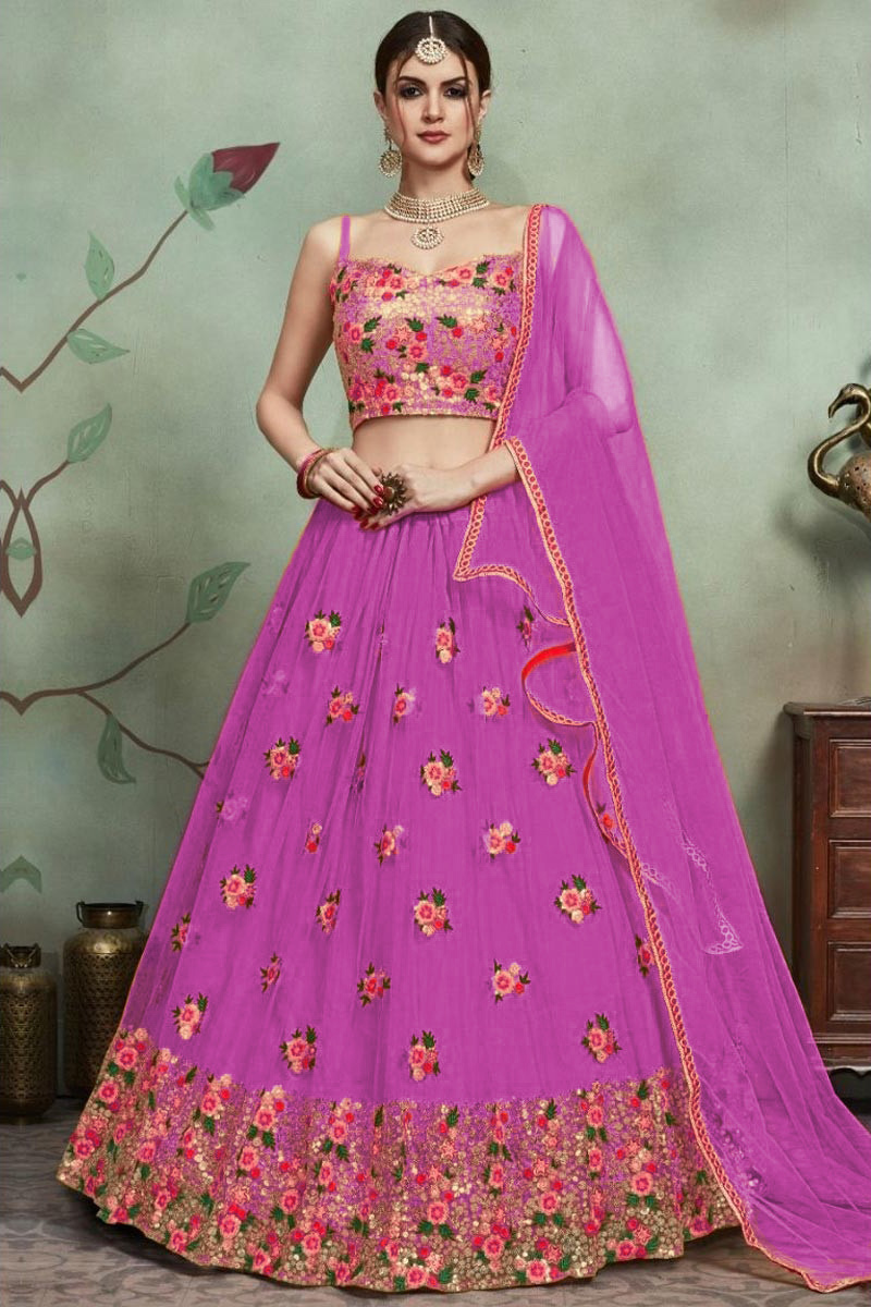 Fuchsia Pink Net Lehenga with Net Choli for Wedding & Party