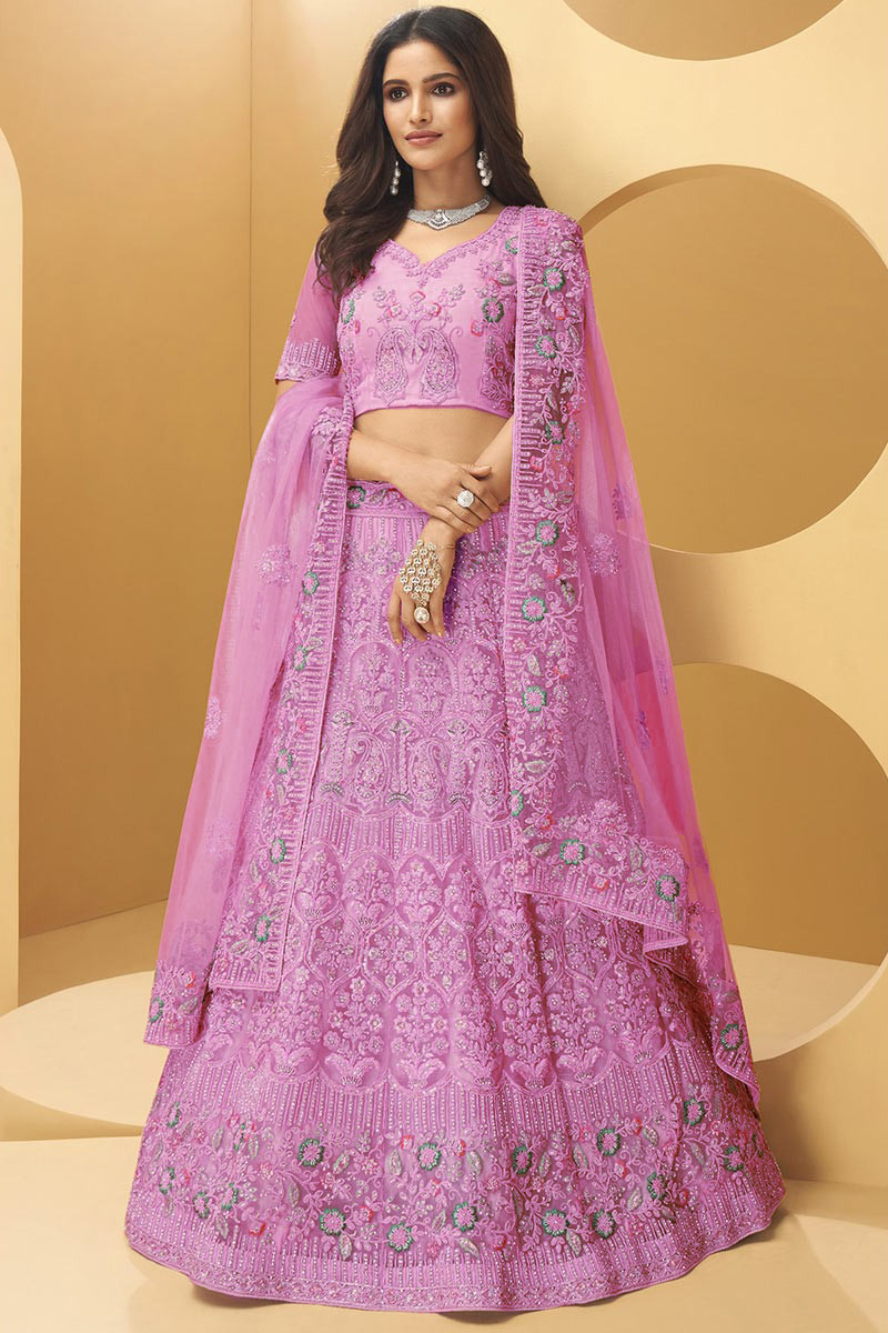 Stone Work Embroidered Organza Taffy Pink Lehenga