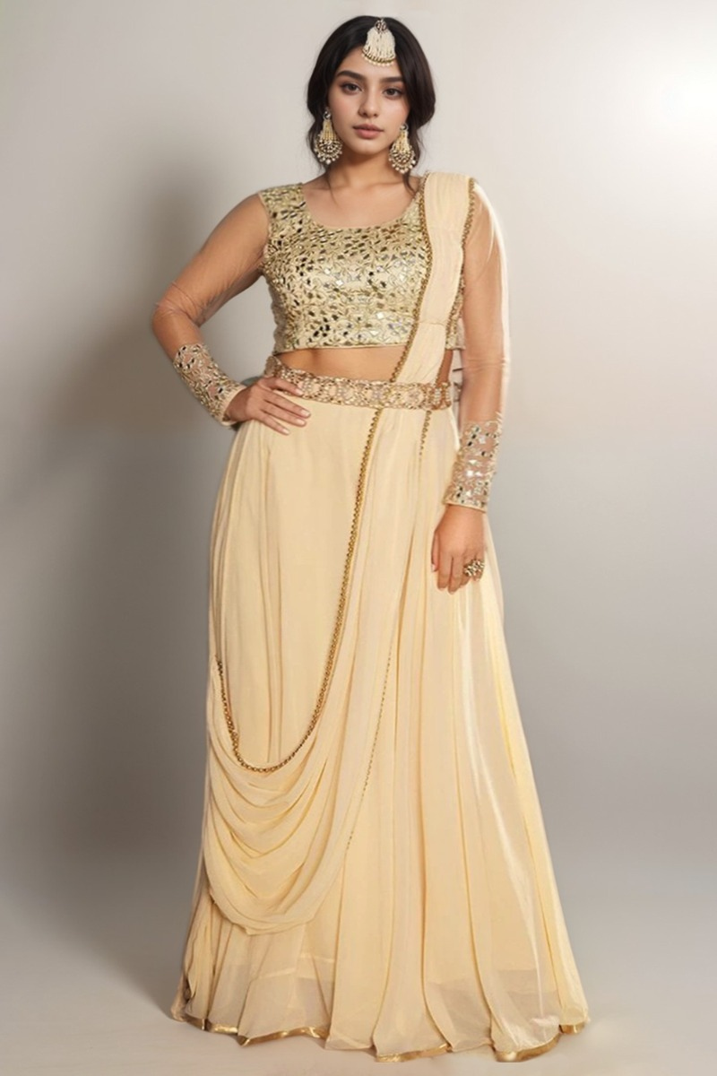 Plain Georgette Beige Plus Size Lehenga