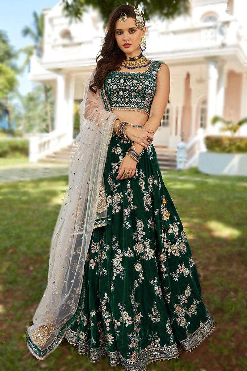 Readymade Collection Lehenga in Dark Green Embroidered Fabric LLCV09974