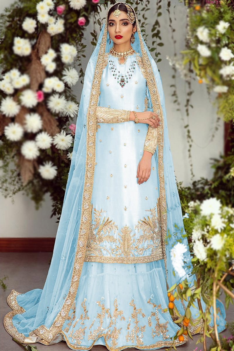 Sky Blue Net Embroidered Pakistani Wedding Lehenga Choli