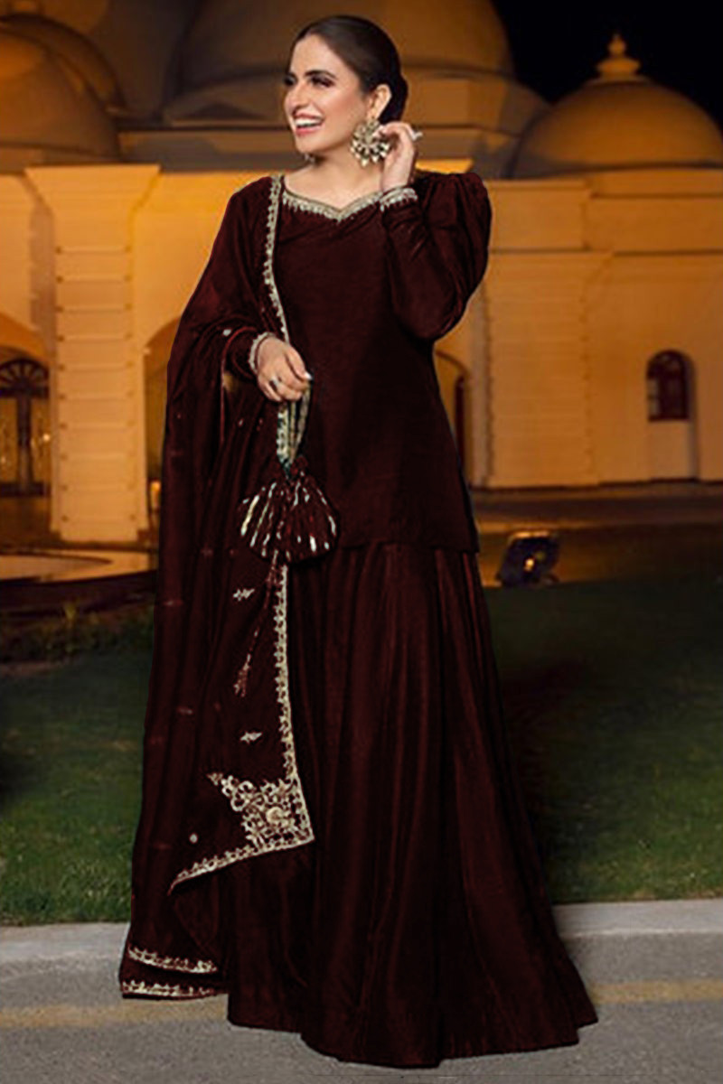 Evening Wear Lehenga in Dark Maroon Silk Fabric LLCV110285