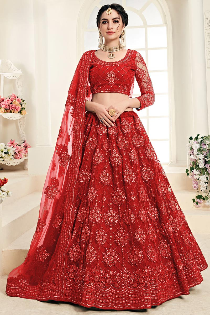 Resham Embroidered Net Red Lehenga