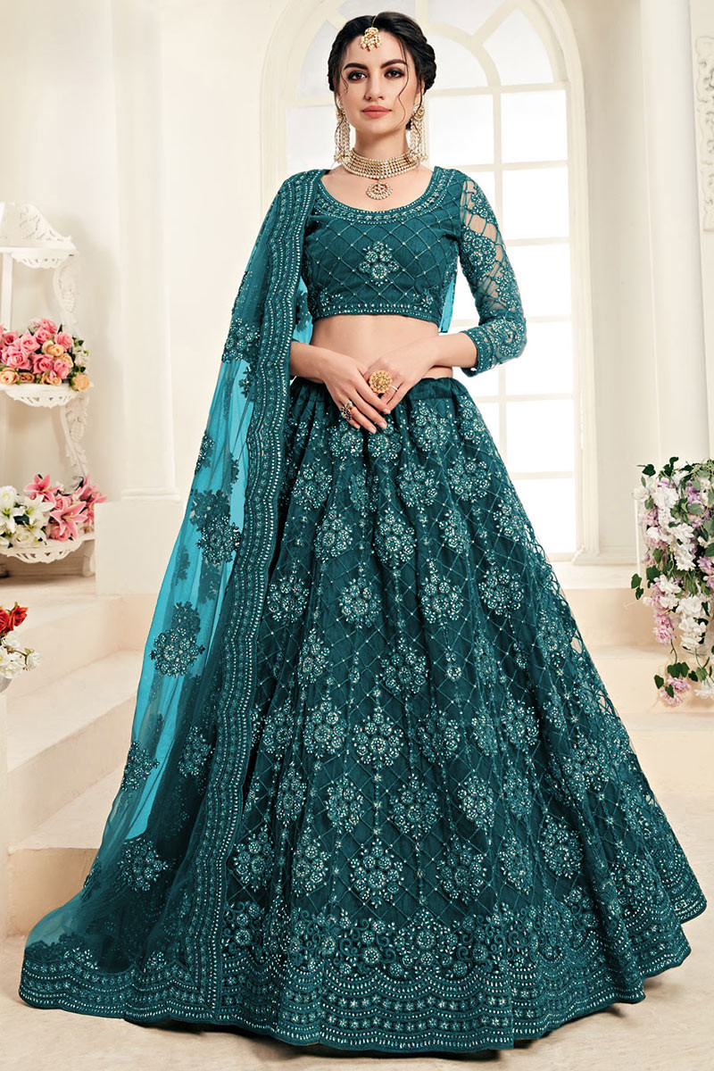 Resham Embroidered Net Peacock Blue Lehenga