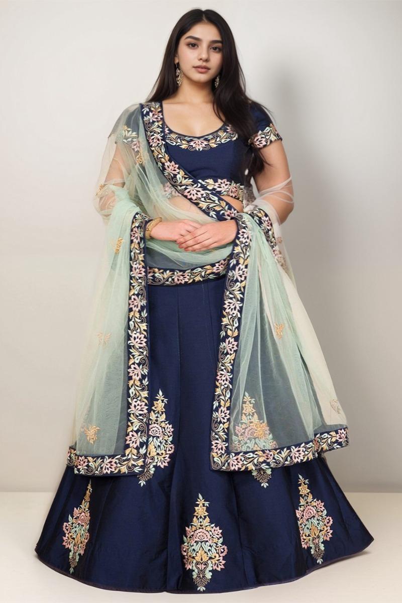 Navy Blue Taffeta Silk A Line Plus Size Lehenga LLCV111594P Andaaz 