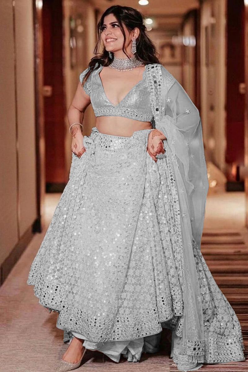 Off-White Net Lehenga with Sequins and Mirror Work