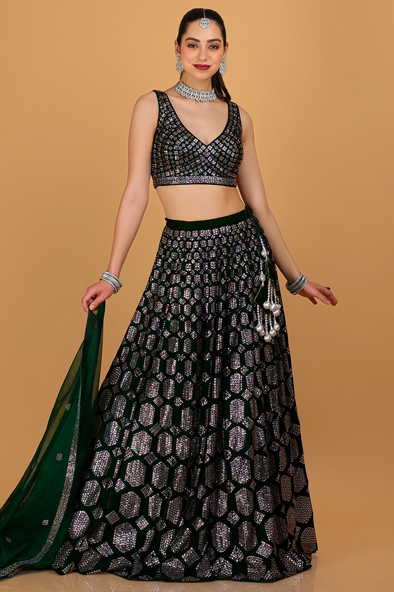 Dark Green Velvet Stone Embellished A-line Lehenga