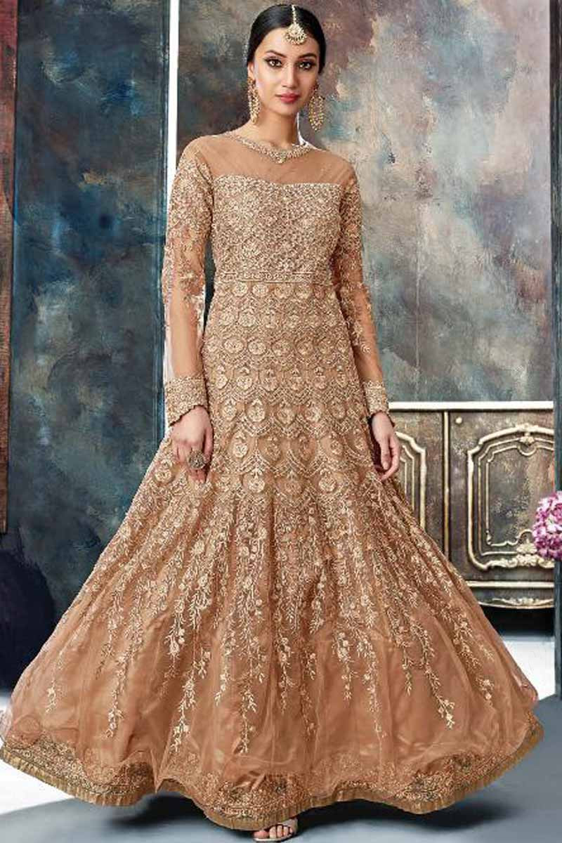 Lovely Net Caramel Color Anarkali Gown