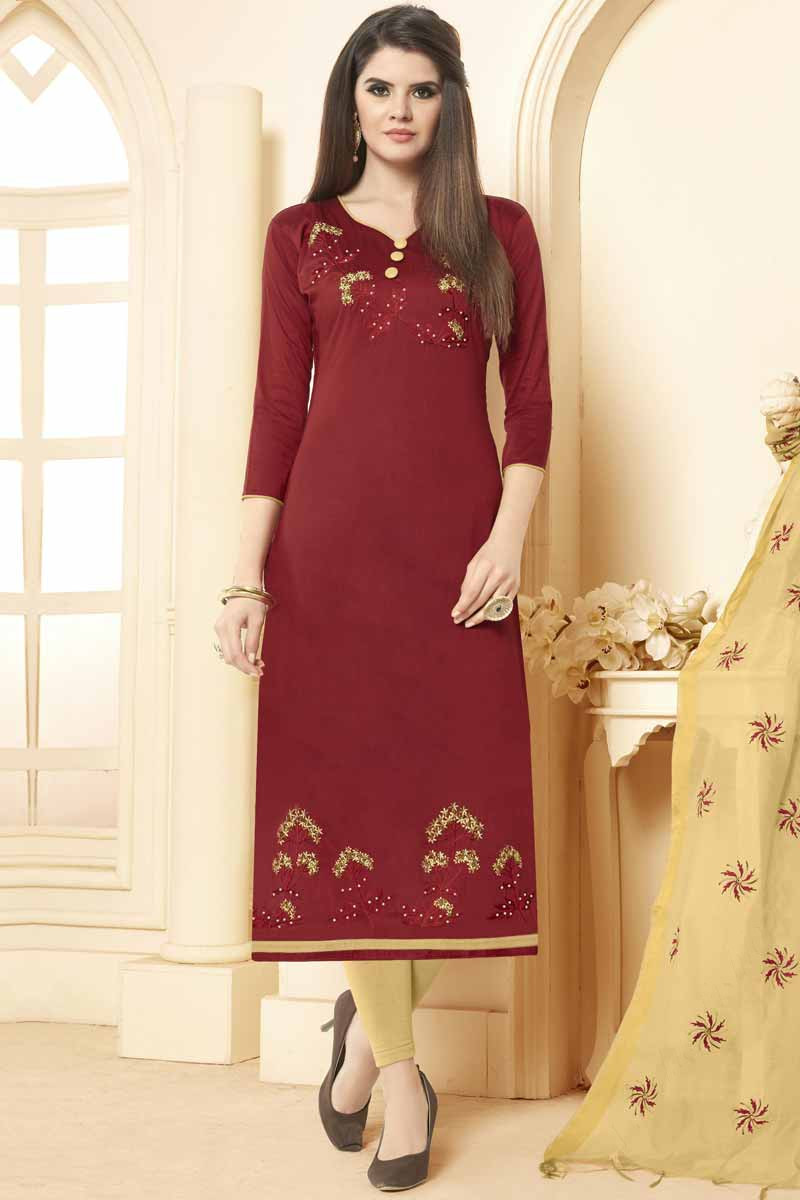 Lovely Radish Maroon Cotton Churidar Suit With Resham Work