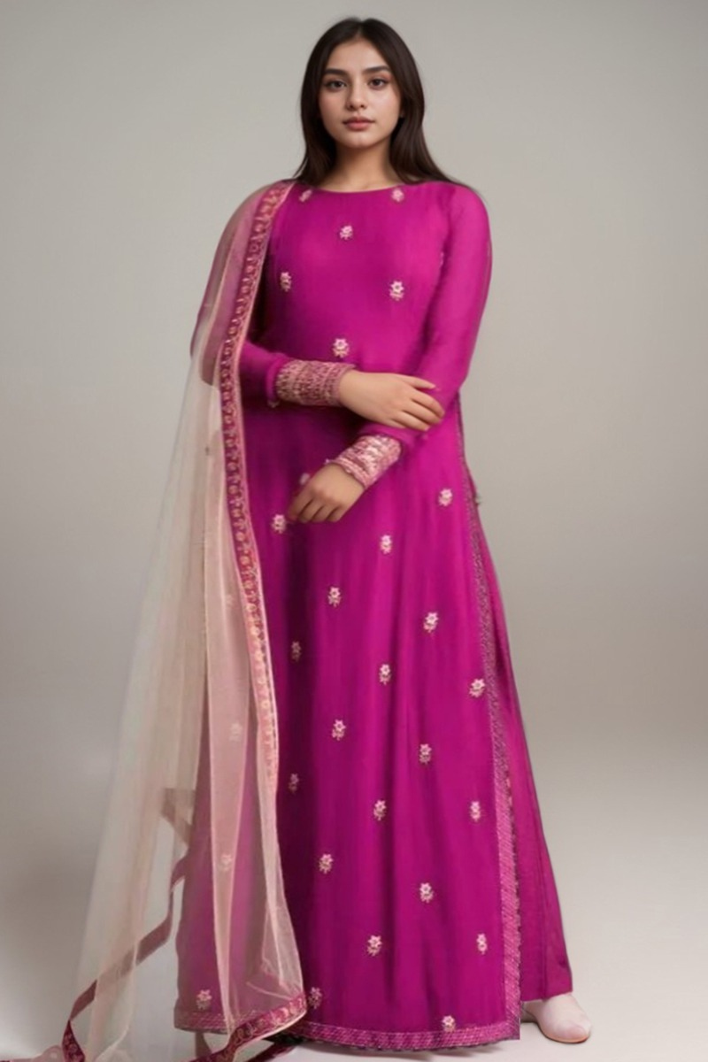 Magenta Color Crepe Plus Size Trouser Suit With Resham Work