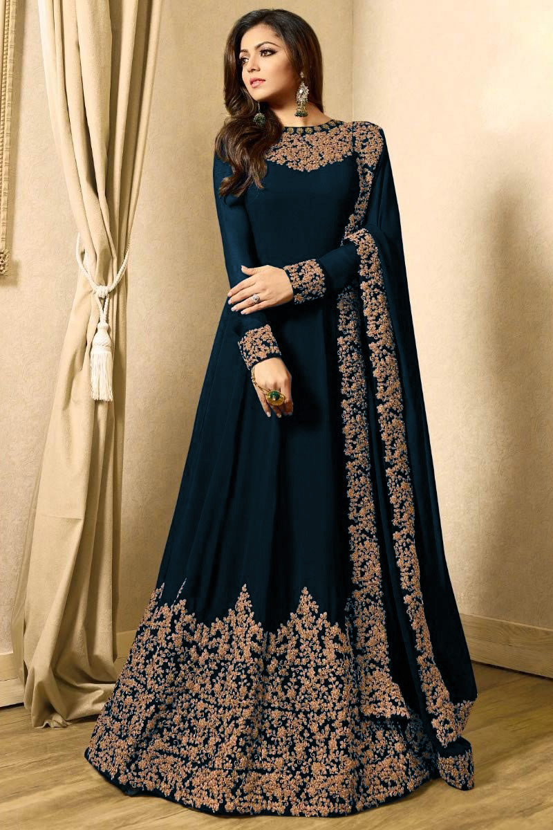 Buy Georgette Dark Ocean Blue Anarkali Suit With Copper Dori Work