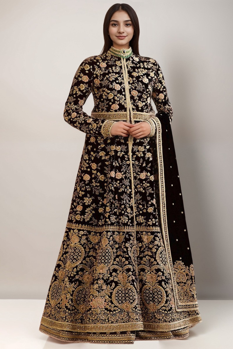 Buy Black Velvet Large Size Embroidered Anarkali Suit with Skirt Online LSTV03688P Andaaz Fashion