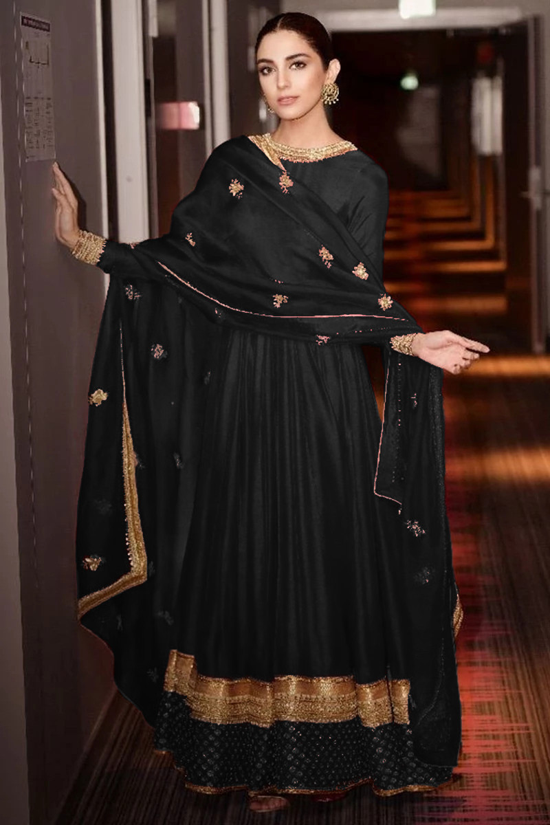 Black Taffeta Silk Anarkali Suit With Dori Work