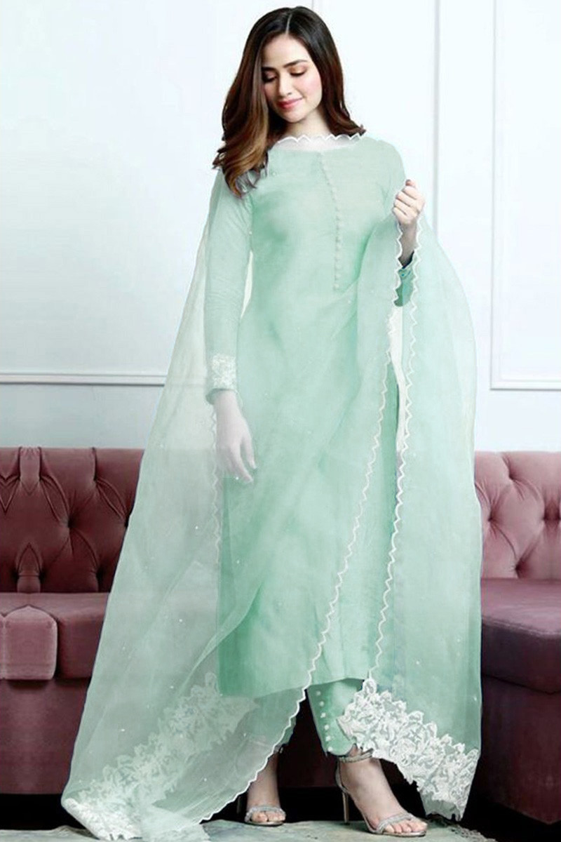 Buy Mint Green Soft Silk Pakistani Trouser Suit Online - LSTV04949