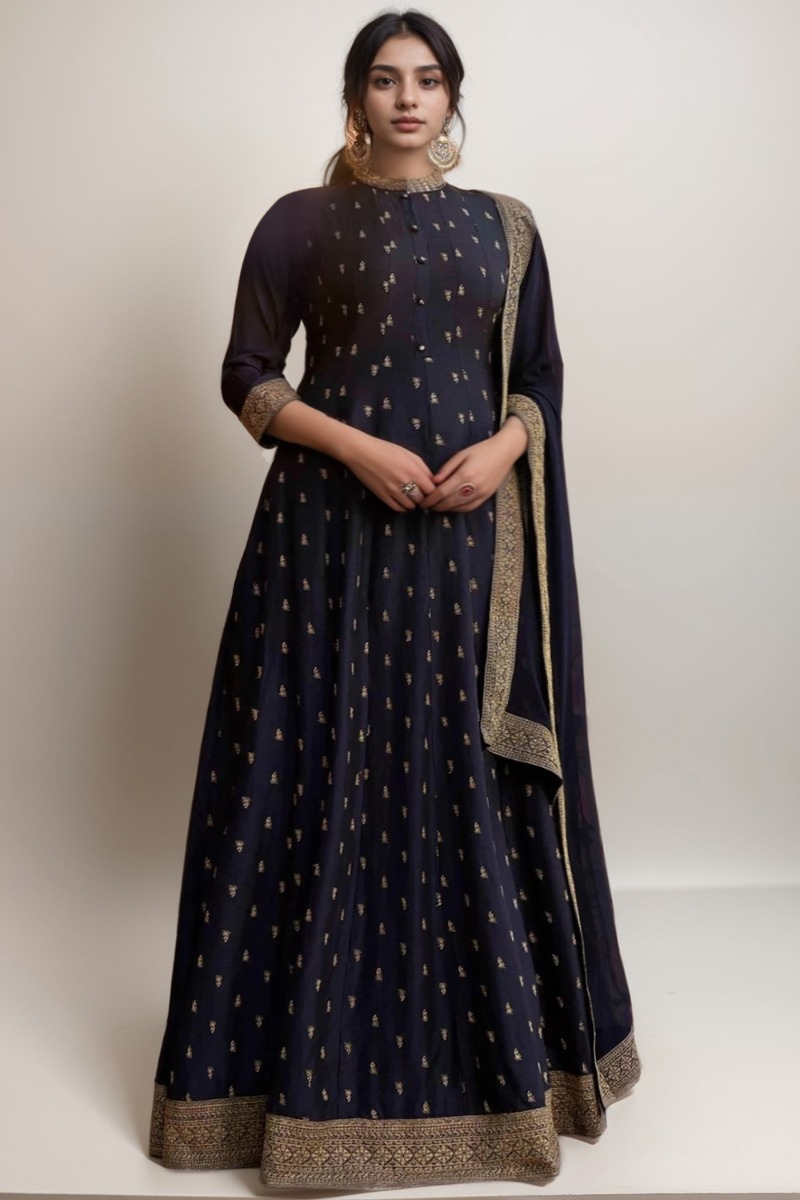 Party Wear Plus Size Navy Blue Silk Flared Anarkali Suit