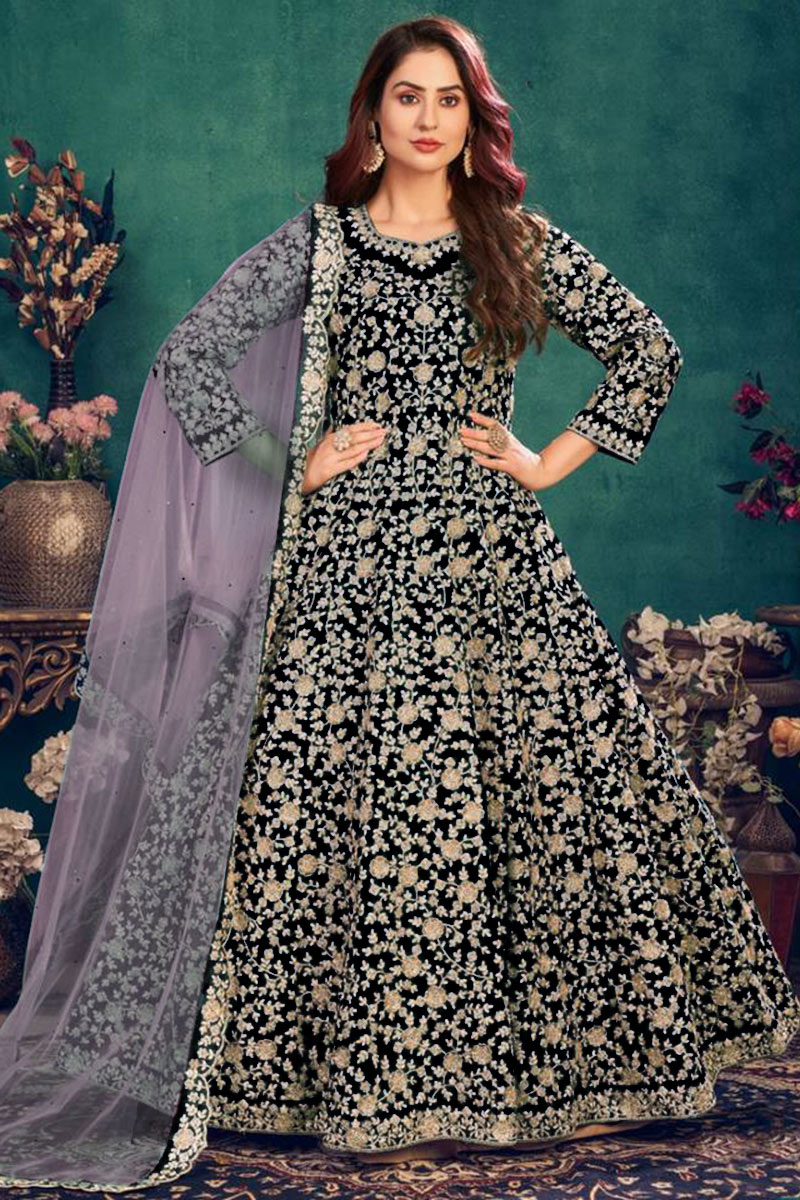 Sequins Embroidered Velvet Black Anarkali Suit