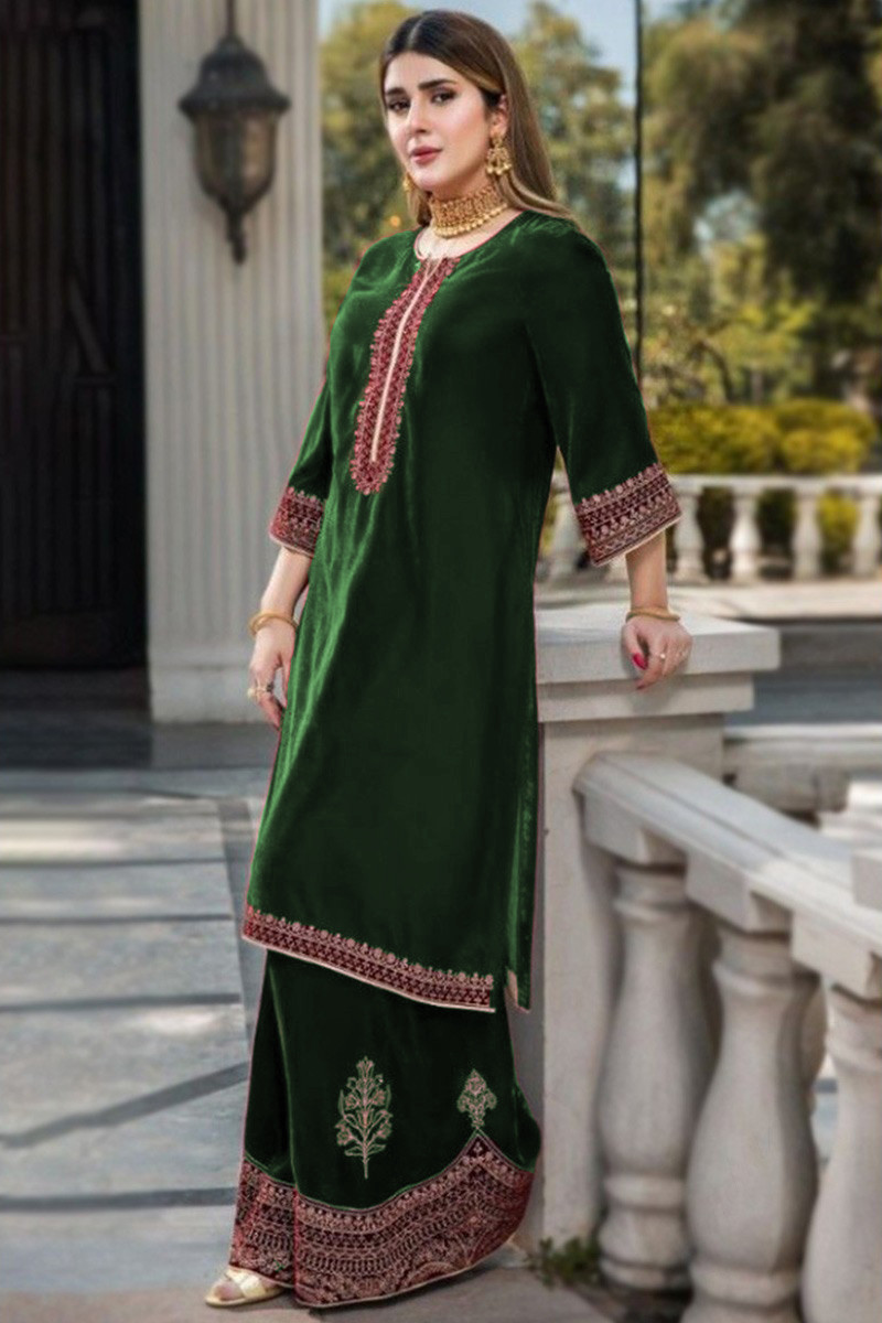 Buy Green Velvet Kurta Sharara Palazo Set With Needle and Thread Work  Indian Pakistani Wedding Hand Made Embellished Outfit Online in India - Etsy