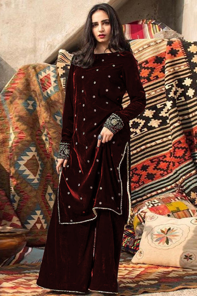 Range in Budget Trouser Suit in Dark Red Embroidered Fabric LSTV114336