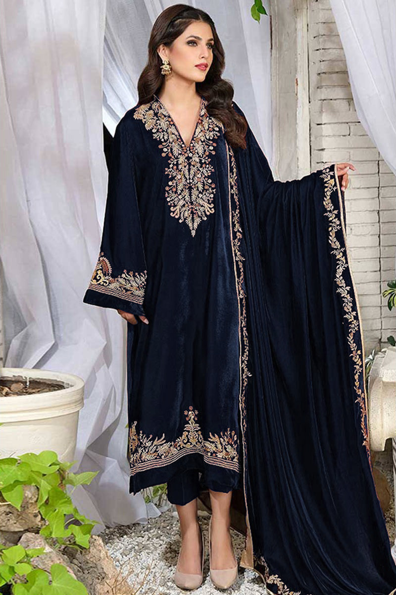 Designer Navy Blue Color Velvet Salwar Suit With Embroidery