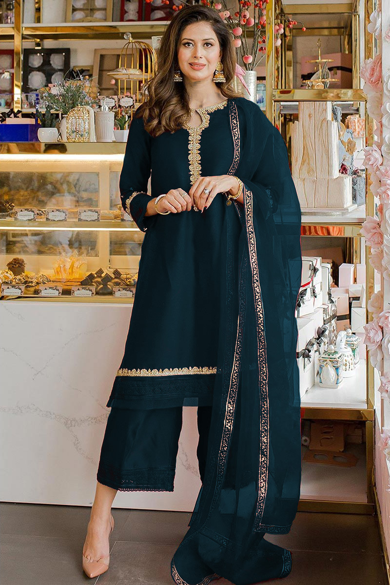 Buy Party Wear Silk Peacock Blue Trouser Suit LSTV114612